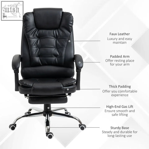 Homcom executive office chair in black faux leather with padded armrests swivel wheels reclining backrest and footrest