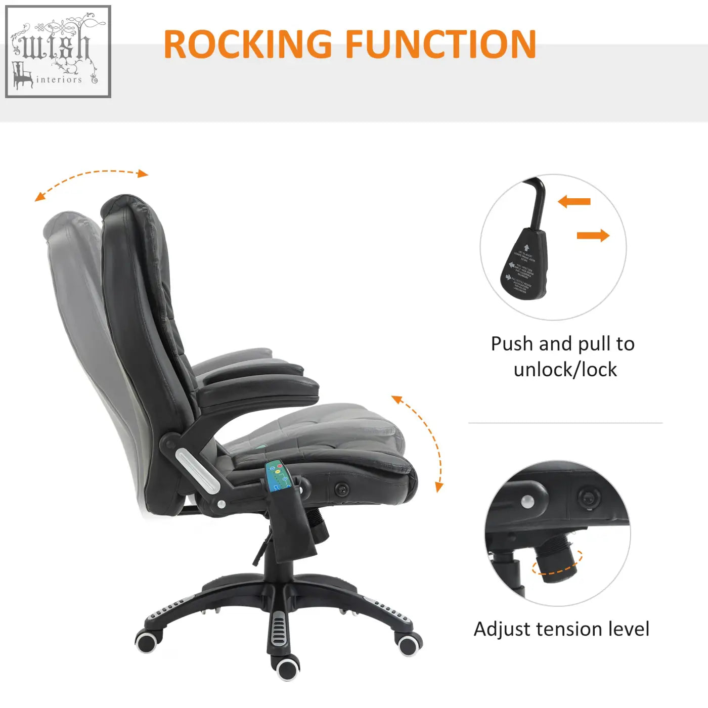 Black leather office chair with rocking function and adjustable tension level for massage office comfort