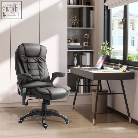Black leather executive office chair with quilted upholstery and adjustable armrests for massage office chair use