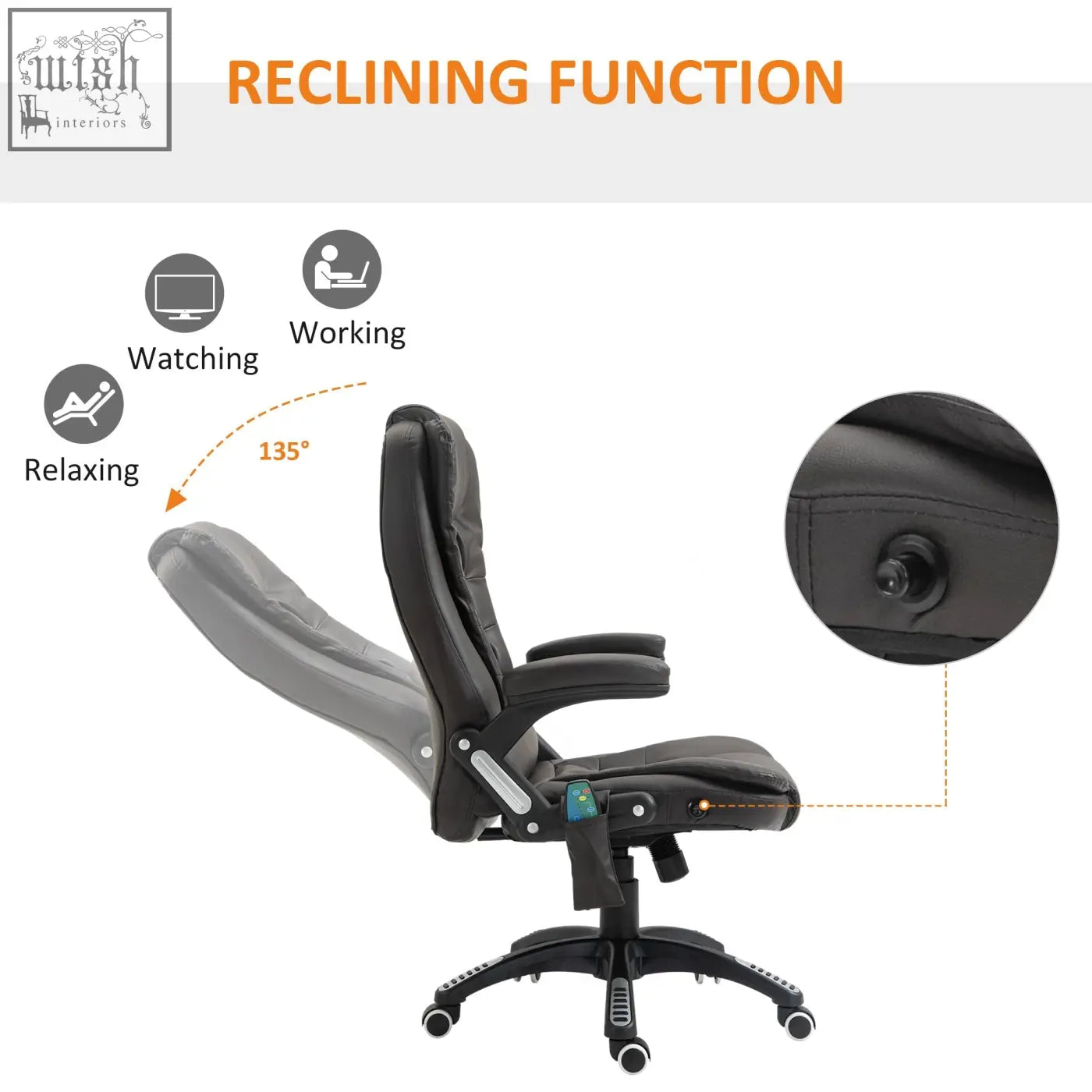 Black leather reclining executive office chair with 135-degree tilt adjustable armrests massage and heat features