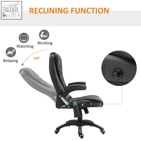 Black leather reclining executive office chair with 135-degree tilt adjustable armrests massage and heat features