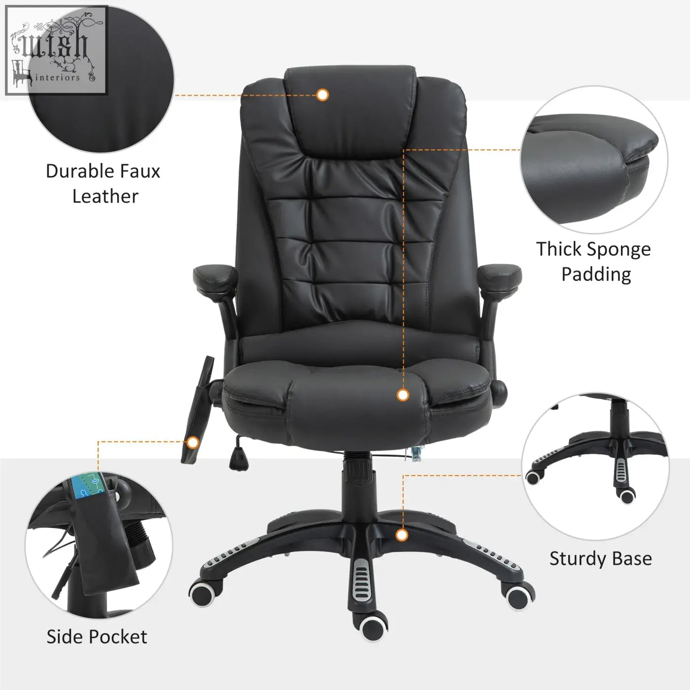 Black HOMCOM executive massage office chair with thick sponge padding, PU leather, sturdy base, and adjustable height