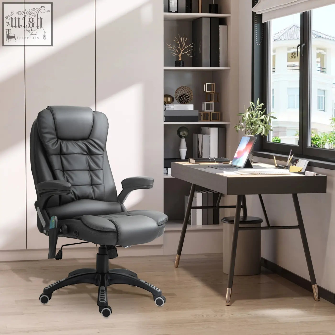 Black leather office chair with padded lumbar support and adjustable armrests for a massage office chair setup