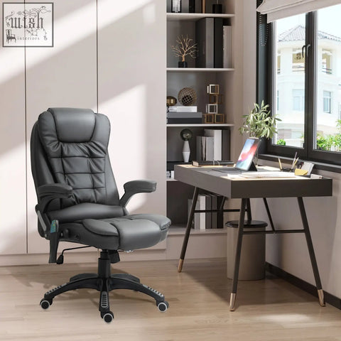 Black leather office chair with padded lumbar support and adjustable armrests for a massage office chair setup