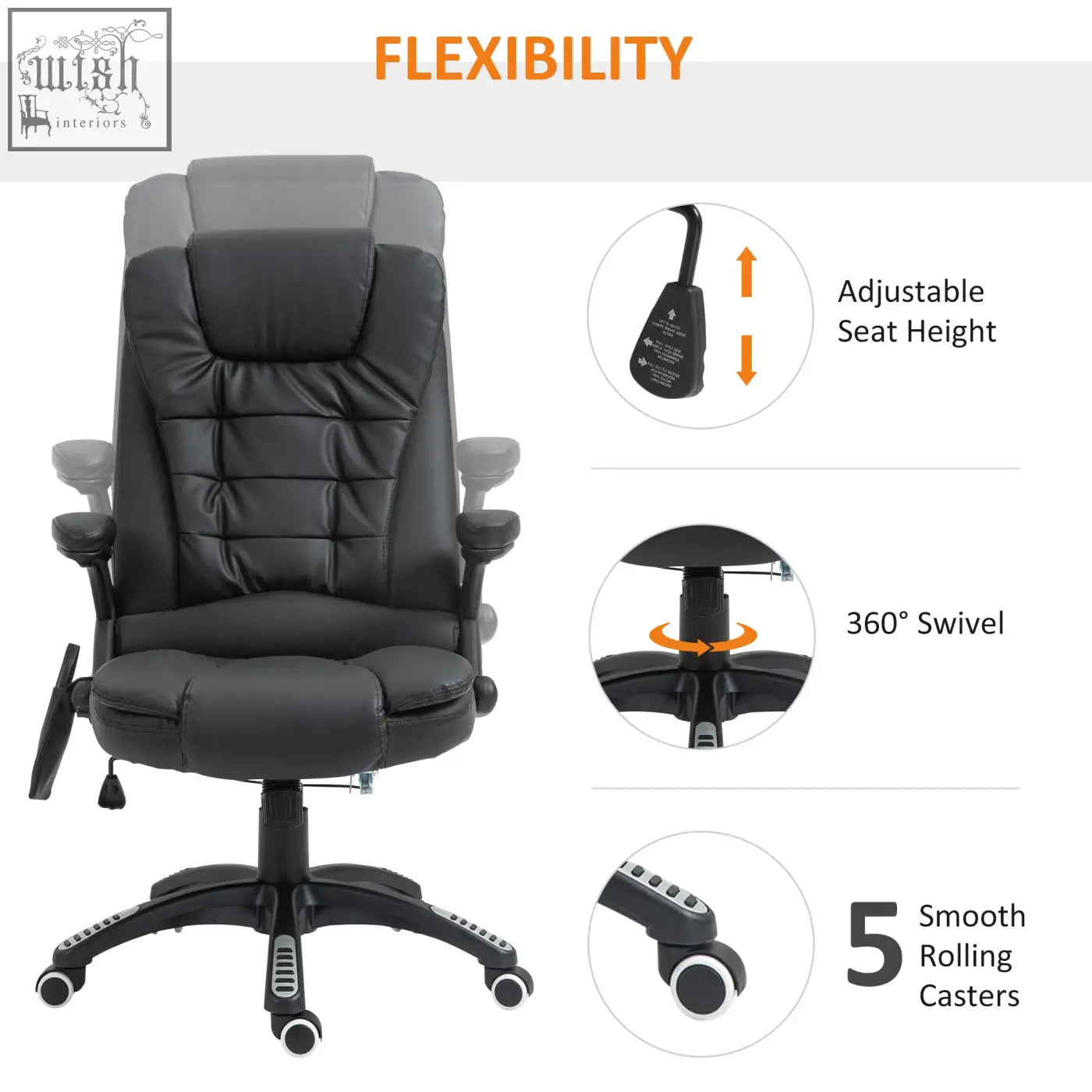 Black HOMCOM office chair with massage and heat features, adjustable height, PU leather, swivel base, and rolling casters