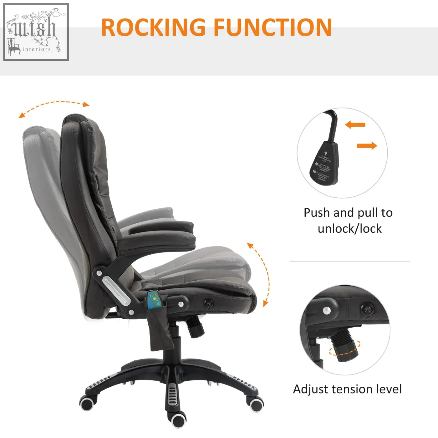Black and gray leather executive office chair with massage heat, adjustable tension, rocking function, and side control panel