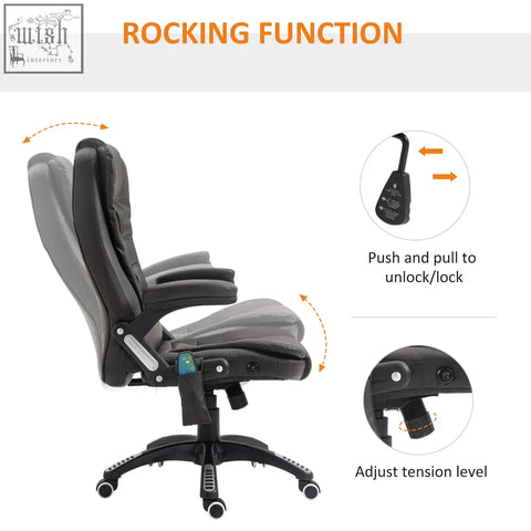 Black and gray leather executive office chair with massage heat, adjustable tension, rocking function, and side control panel