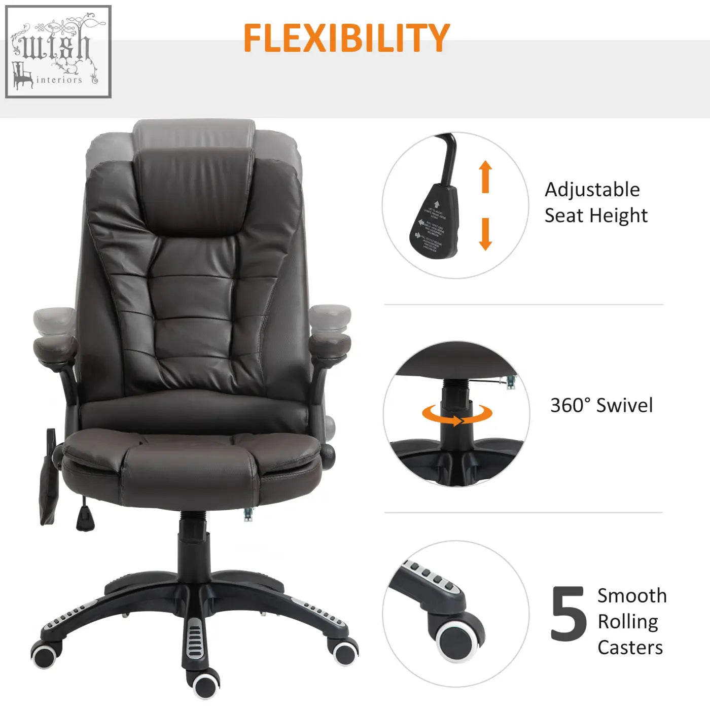 Black leather executive office chair with massage heat adjustable height swivel base and rolling casters