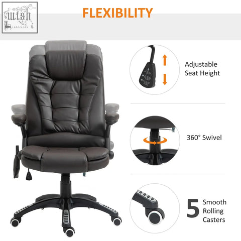 Black leather executive office chair with massage heat adjustable height swivel base and rolling casters
