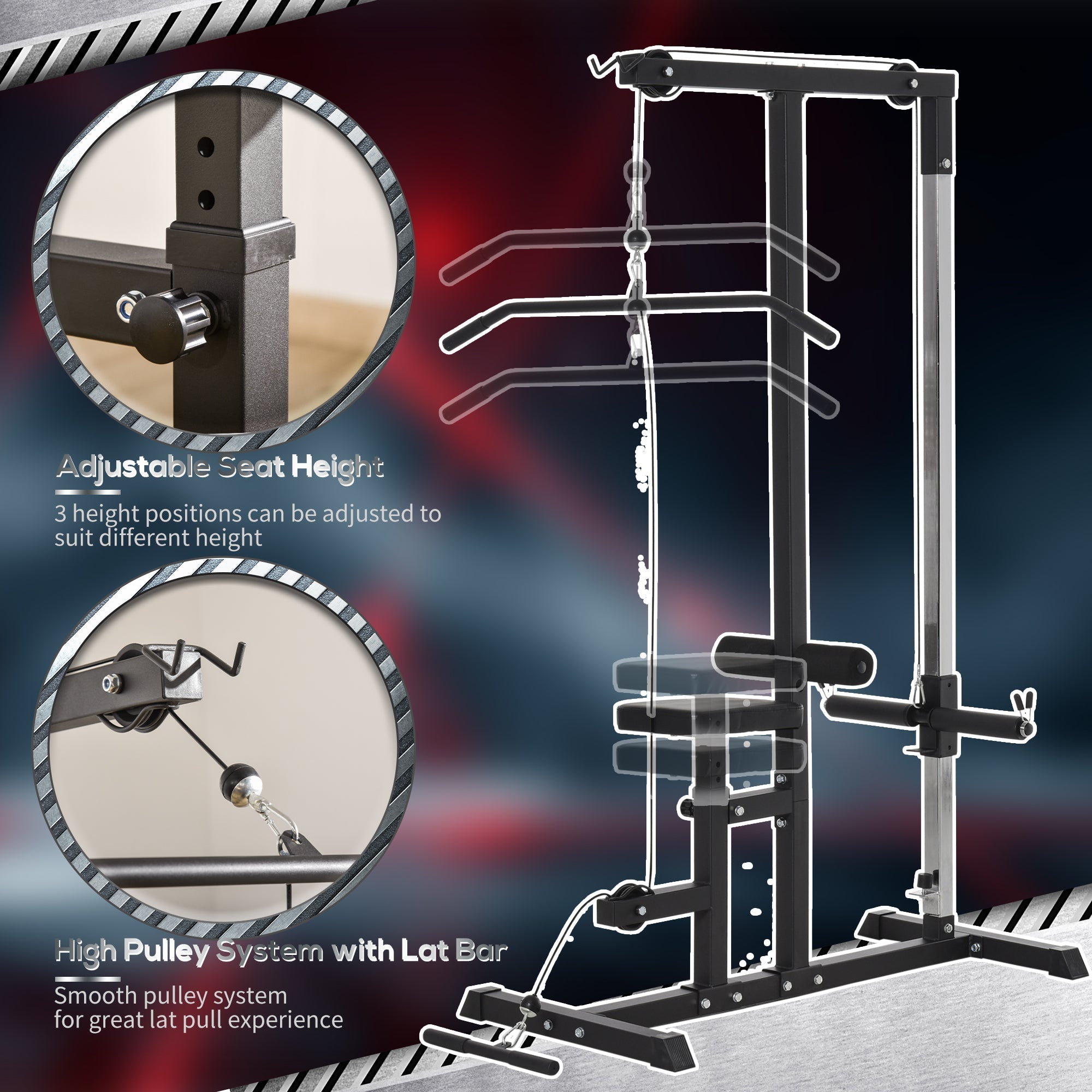 Black metal homcom power tower with adjustable seat, steel frame, tough core structure, high pulley system with lat bar for weight plates