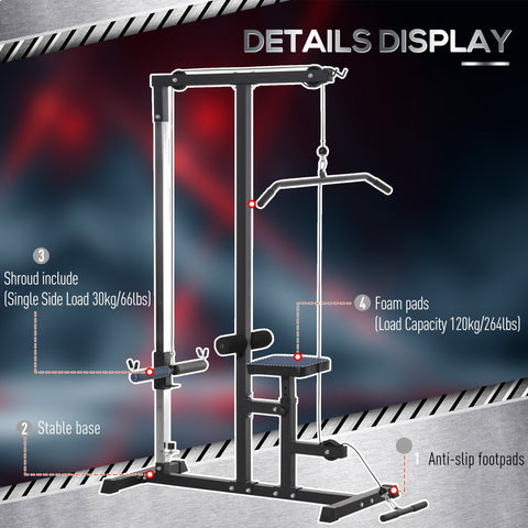 Black metal cable machine with adjustable height and tough core steel frame supports heavy weight plates for workouts