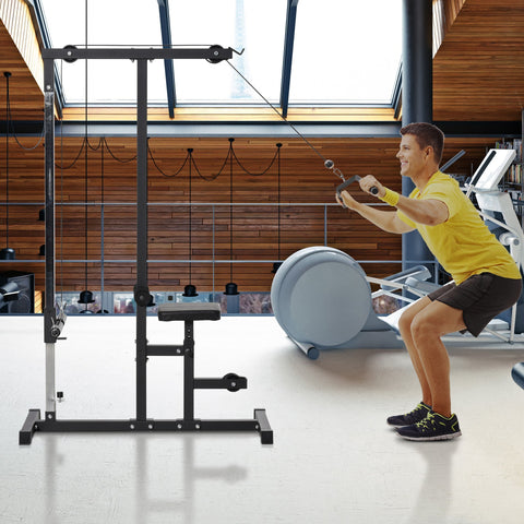 Black metal homcom exercise pulley machine with tough core steel frame adjustable seat and weight plates setup