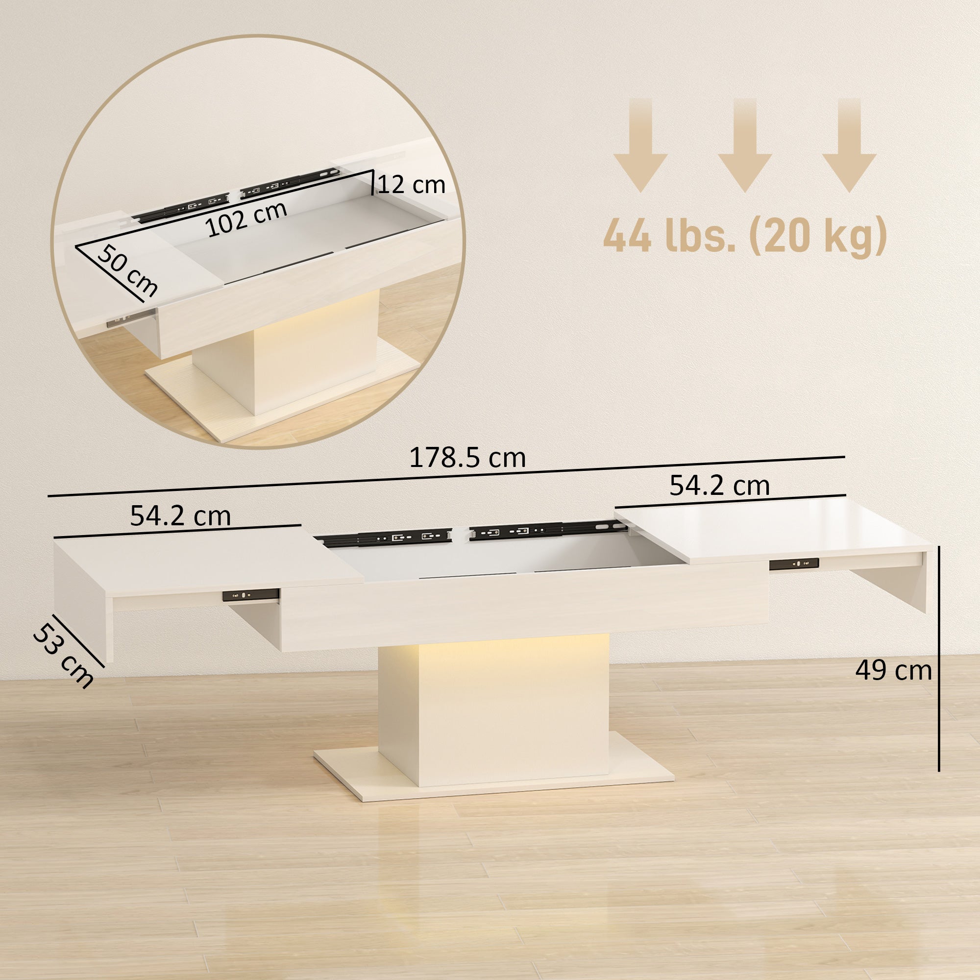 Modern white glossy extendable coffee table with led lights and storage compartment perfect for living room use