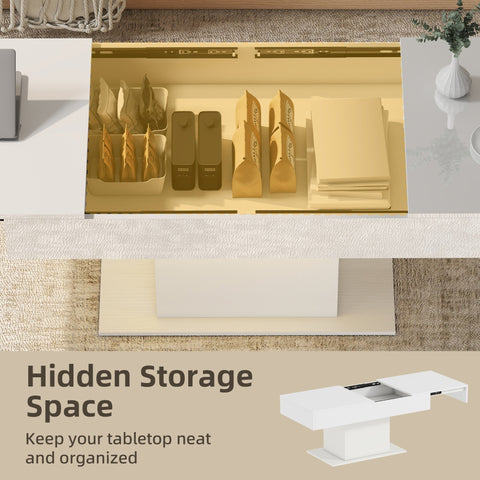 White modern coffee table with sleek minimalist design, hidden storage, led lights, and usb cable for living room use
