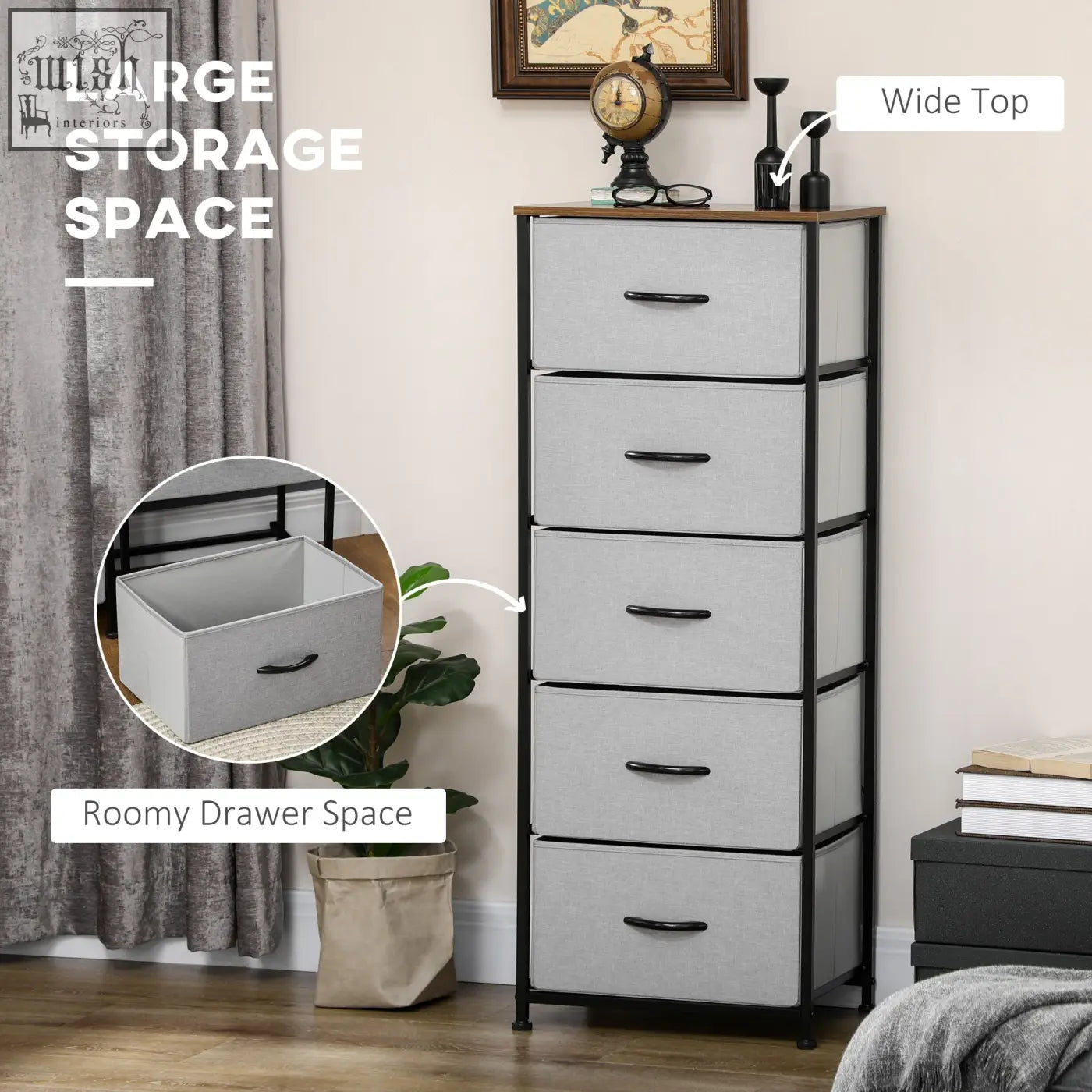 Homcom fabric chest with five grey fabric drawers steel frame and wooden top for nursery living room or hallway storage