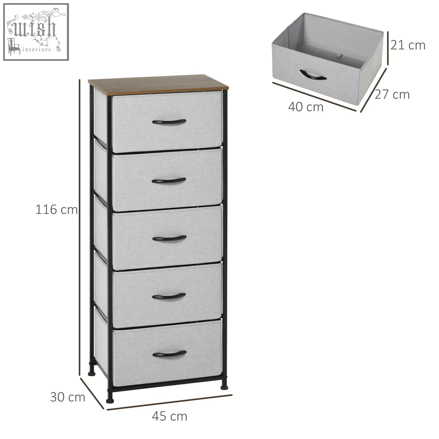 Tall gray homcom fabric chest with 5 fabric drawers steel frame and wooden top for nursery living room or hallway