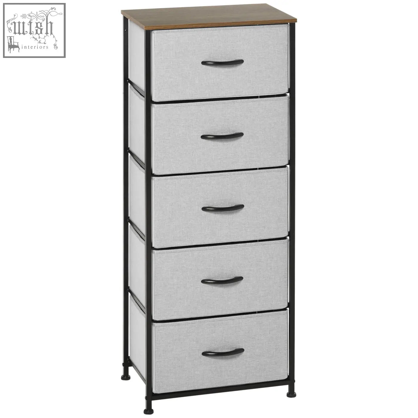 Homcom fabric chest with five grey fabric drawers steel frame and wood grain top for living room or nursery storage