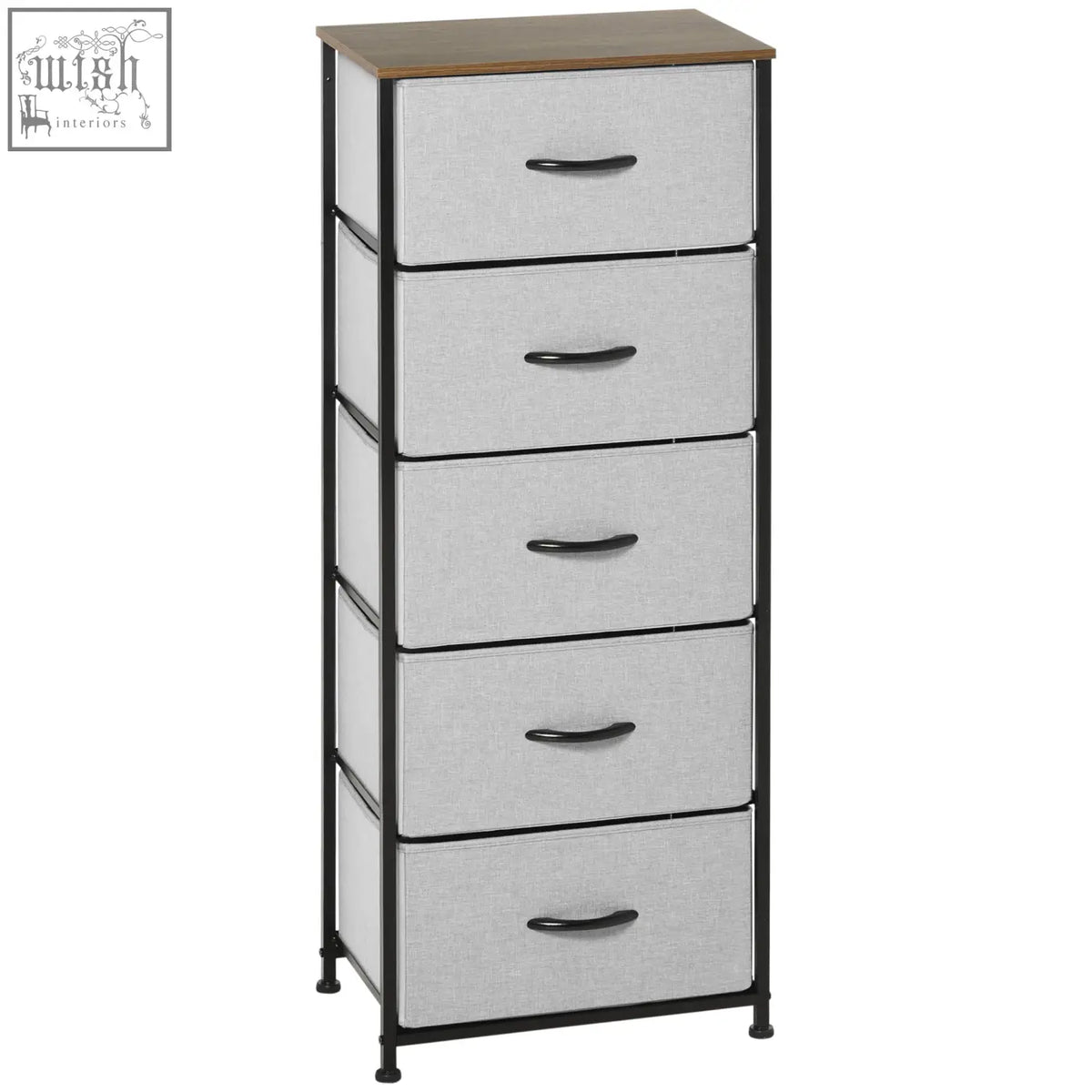 Homcom fabric chest with five grey fabric drawers steel frame and wood grain top for living room or nursery storage
