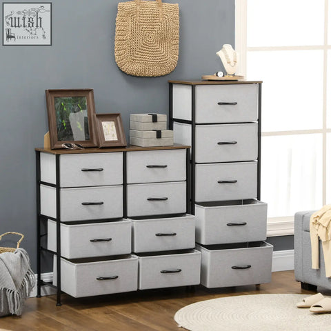 Gray homcom fabric chest with five fabric drawers steel frame and black handles for bedroom storage