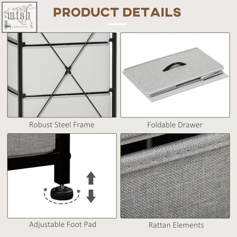 Grey homcom fabric chest with fabric drawers steel frame black handle and rattan elements for bedroom storage