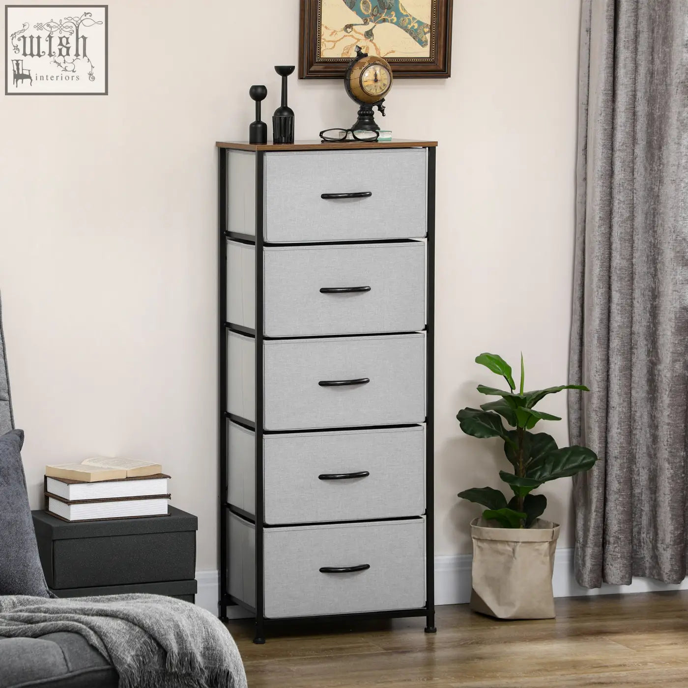 Homcom fabric chest with five grey fabric drawers steel frame and wooden top for nursery living room or hallway storage
