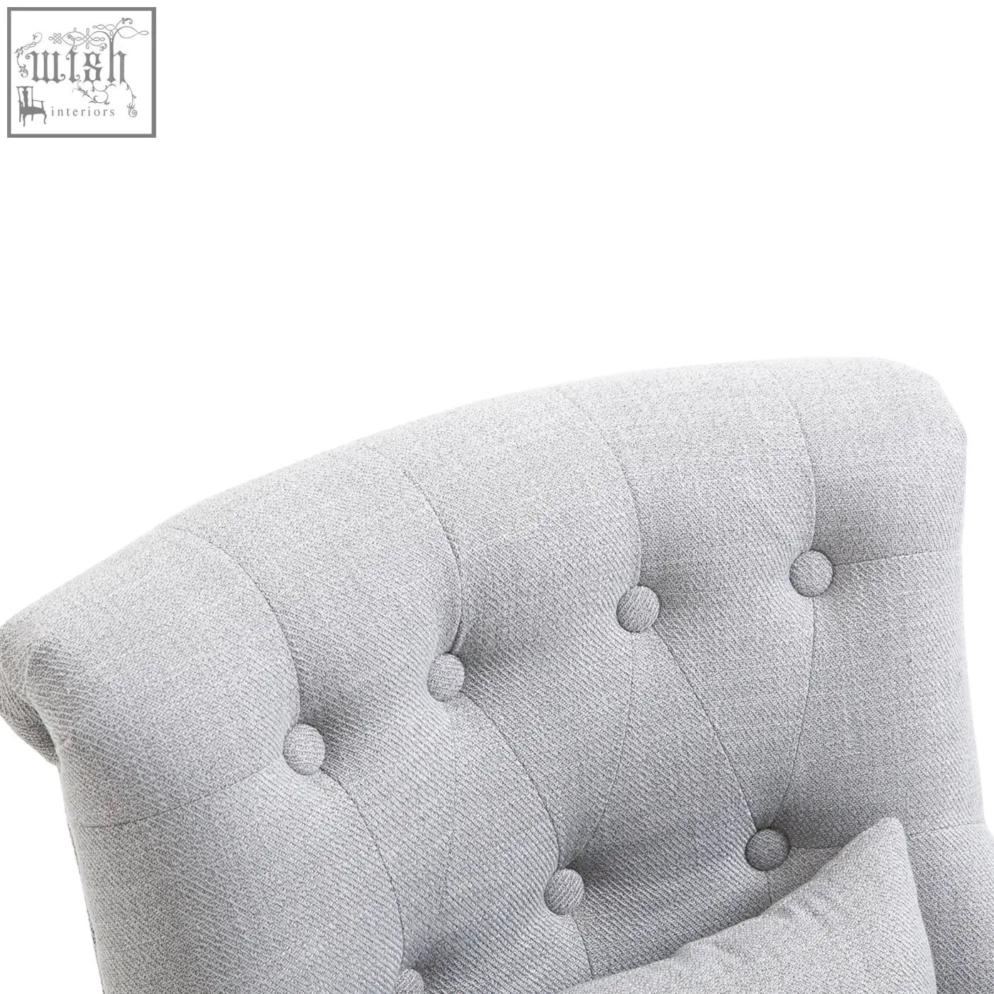 Back view of homcom grey fabric accent chair with button tufting and solid wood legs for living room furniture