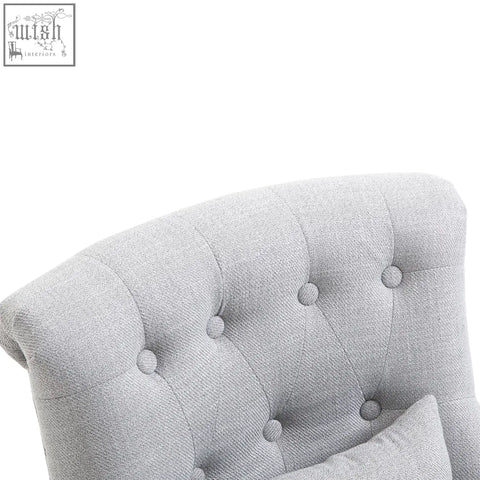 Back view of homcom grey fabric accent chair with button tufting and solid wood legs for living room furniture