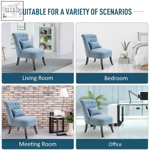 Light blue accent chair with linen-look fabric, button tufting, dark wood legs, and matching pillow for living room use