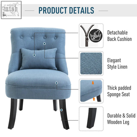 Blue tufted linen-look fabric accent chair with button tufting detachable back cushion and black wooden legs