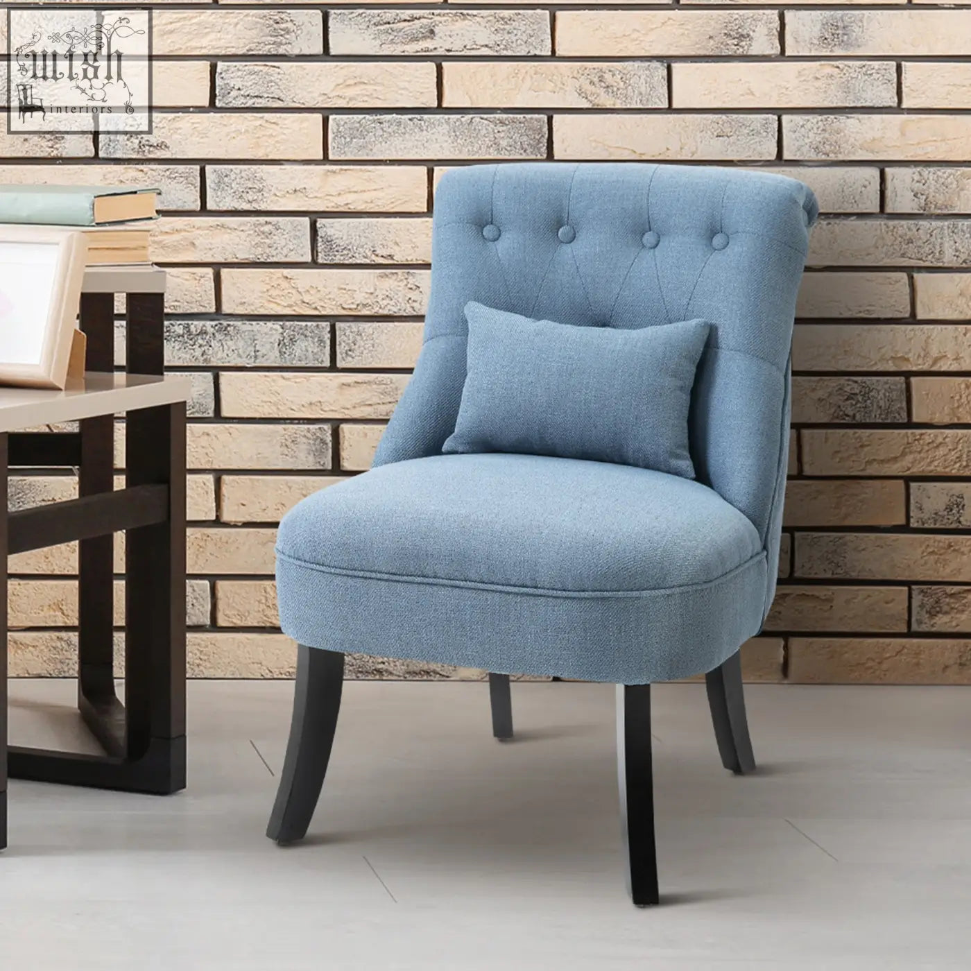 Light blue accent chair with button tufting linen-look fabric and solid wood legs perfect for living room or dining area