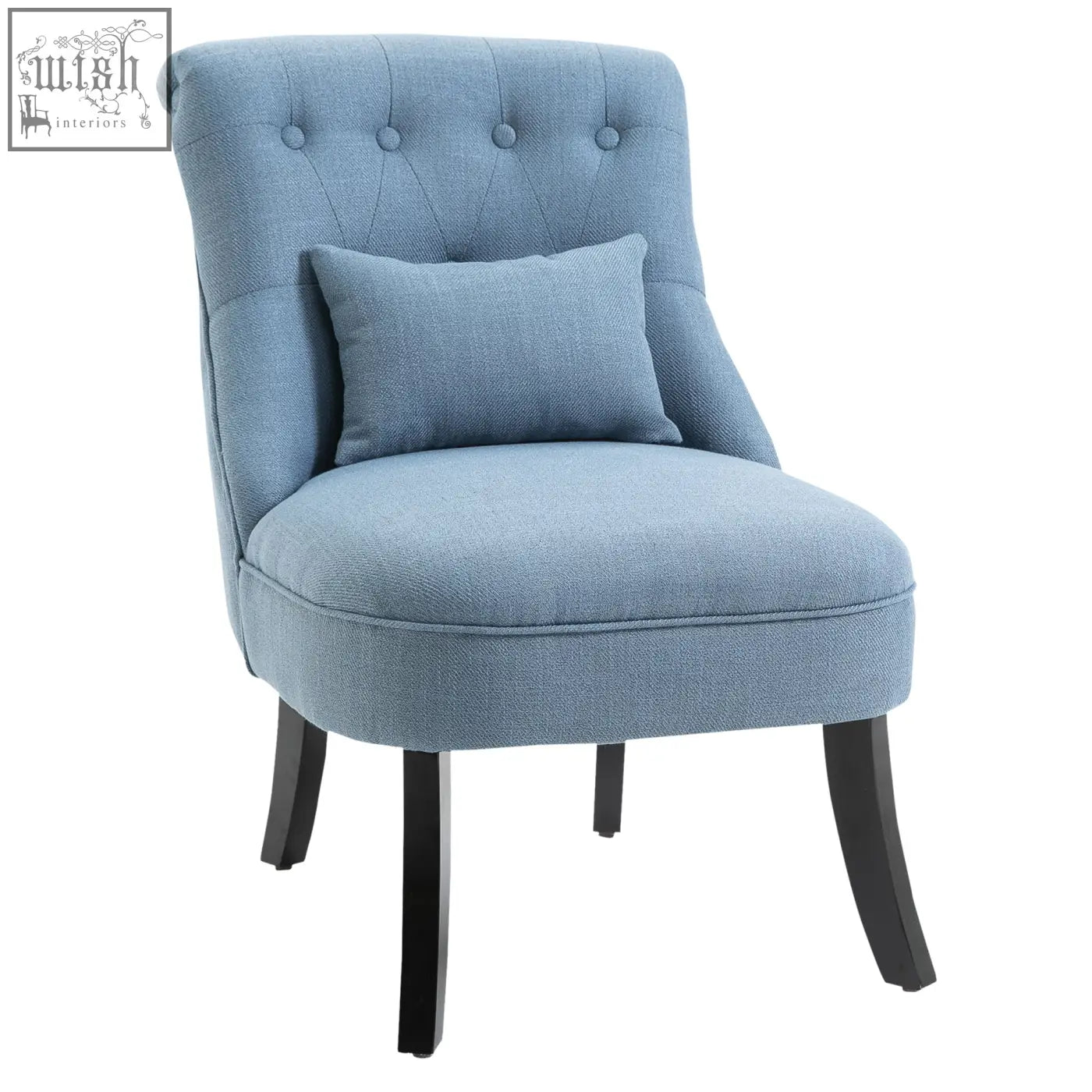Blue tufted accent chair with button tufting linen-look fabric and matching cushion for living room comfort