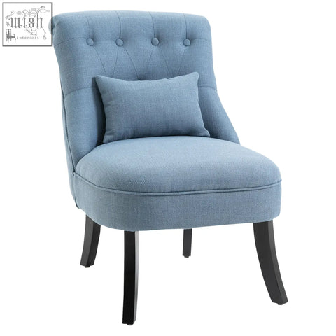 Blue tufted accent chair with button tufting linen-look fabric and matching cushion for living room comfort