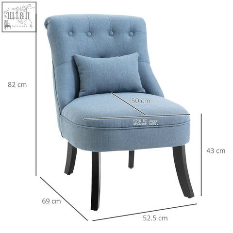 Blue tufted accent chair with button tufting linen-look fabric and solid wood legs perfect for living room seating