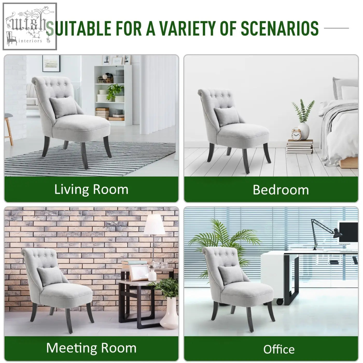 Light gray fabric accent chair with button tufting and dark wood legs perfect for living room furniture
