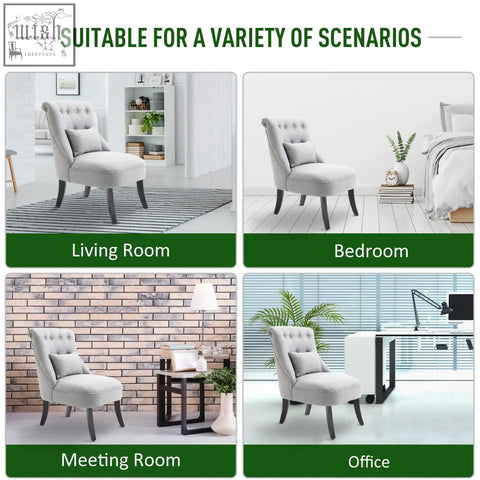 Light gray fabric accent chair with button tufting and dark wood legs perfect for living room furniture