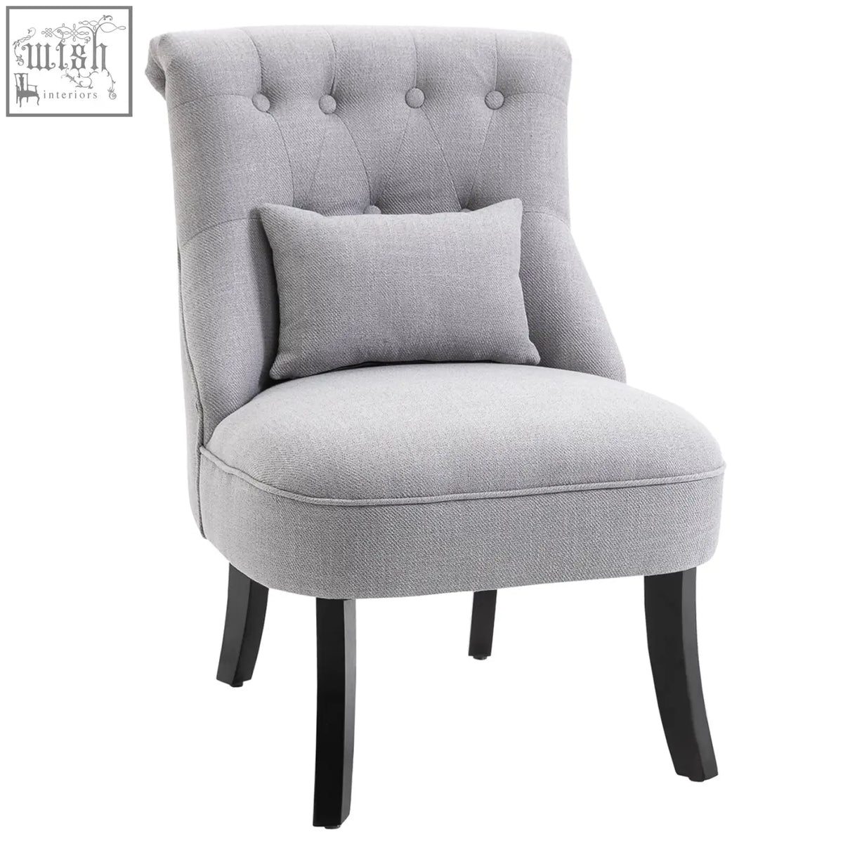 Gray tufted accent chair with button tufting and matching cushion features solid wood legs for living room furniture