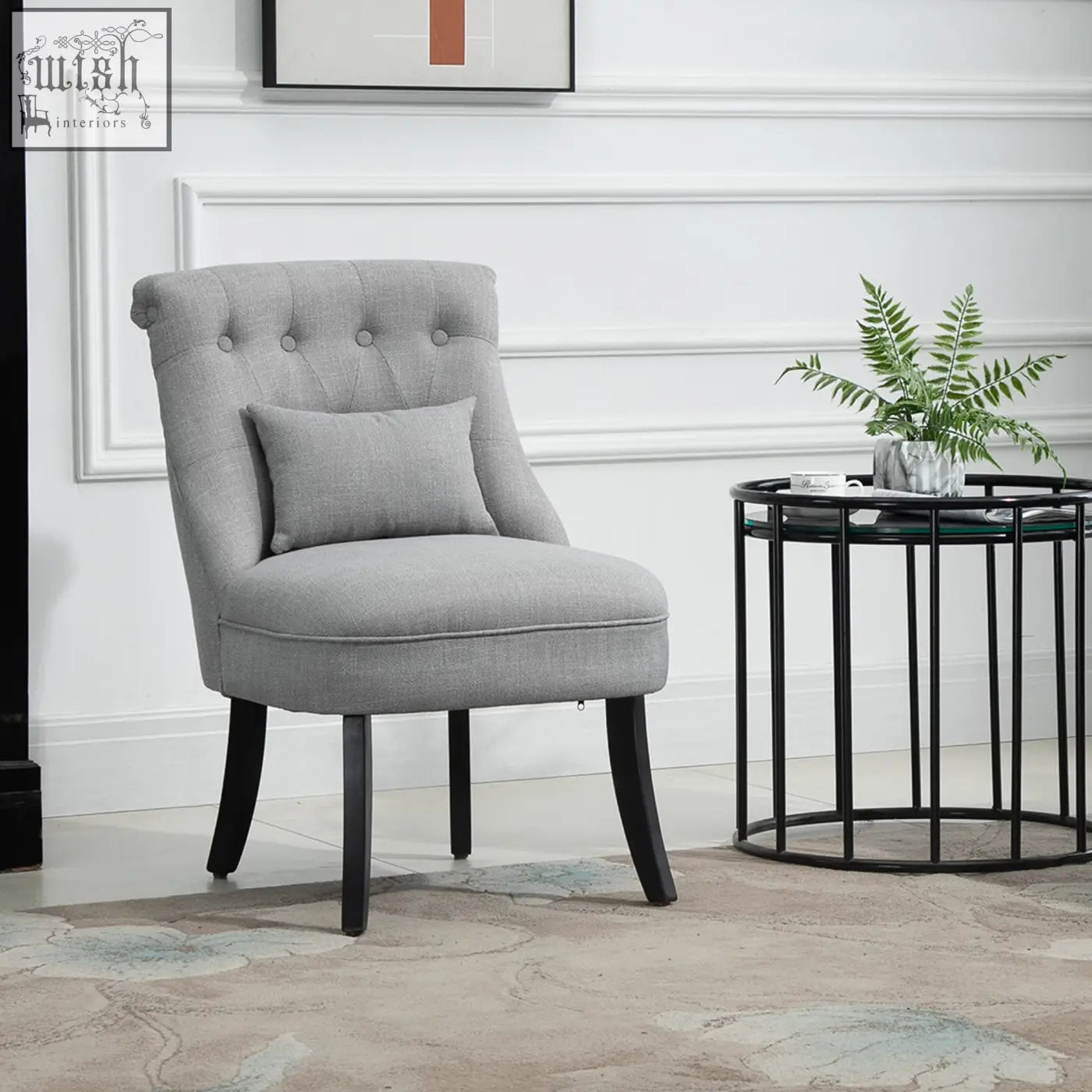 Gray fabric accent chair with button tufting black solid wood legs and matching cushion for living room furniture
