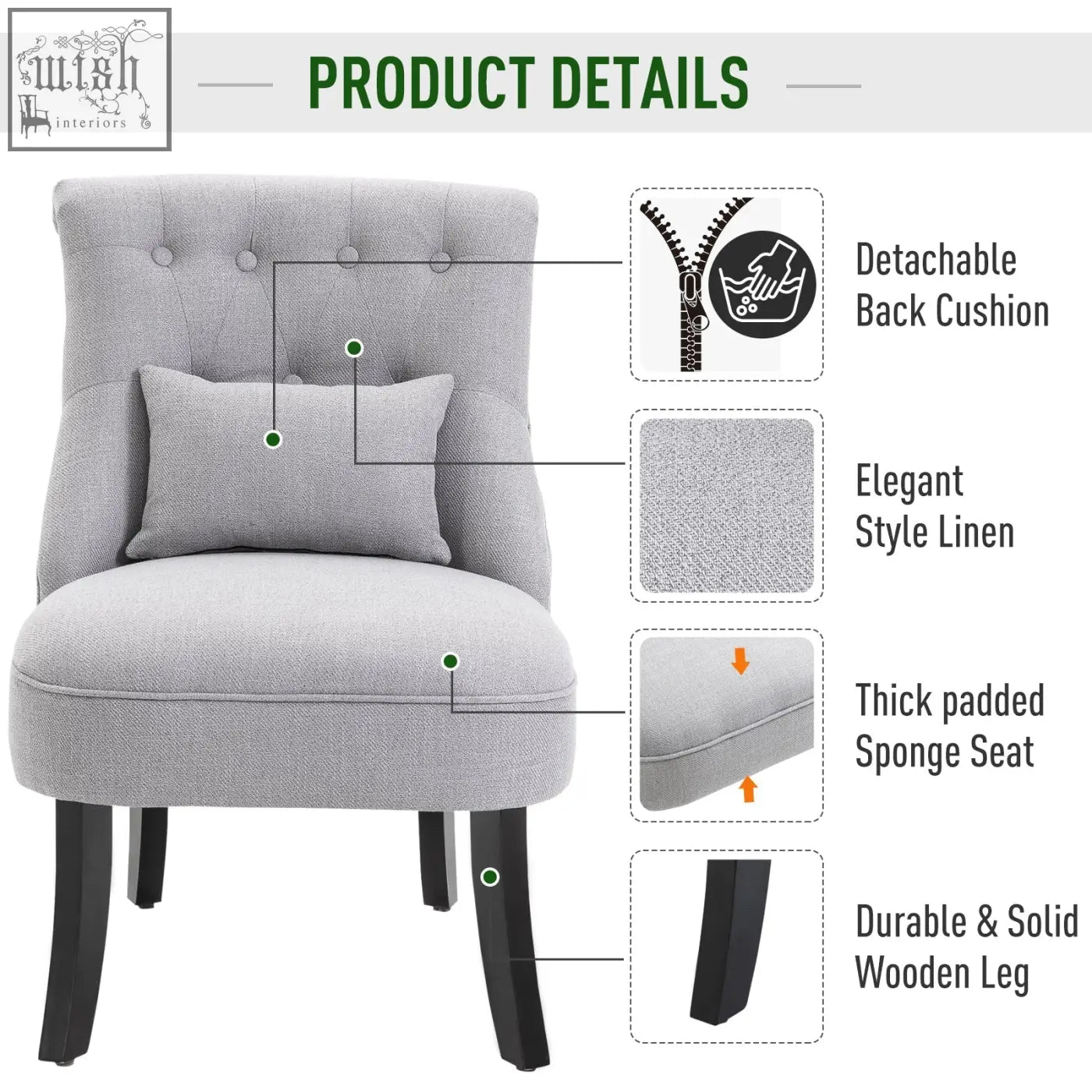 Gray tufted accent chair with button tufting and detachable cushion upholstered in linen on solid wood legs for living room furniture