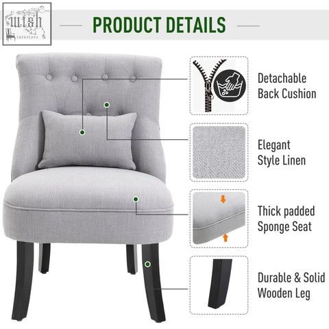 Gray tufted accent chair with button tufting and detachable cushion upholstered in linen on solid wood legs for living room furniture