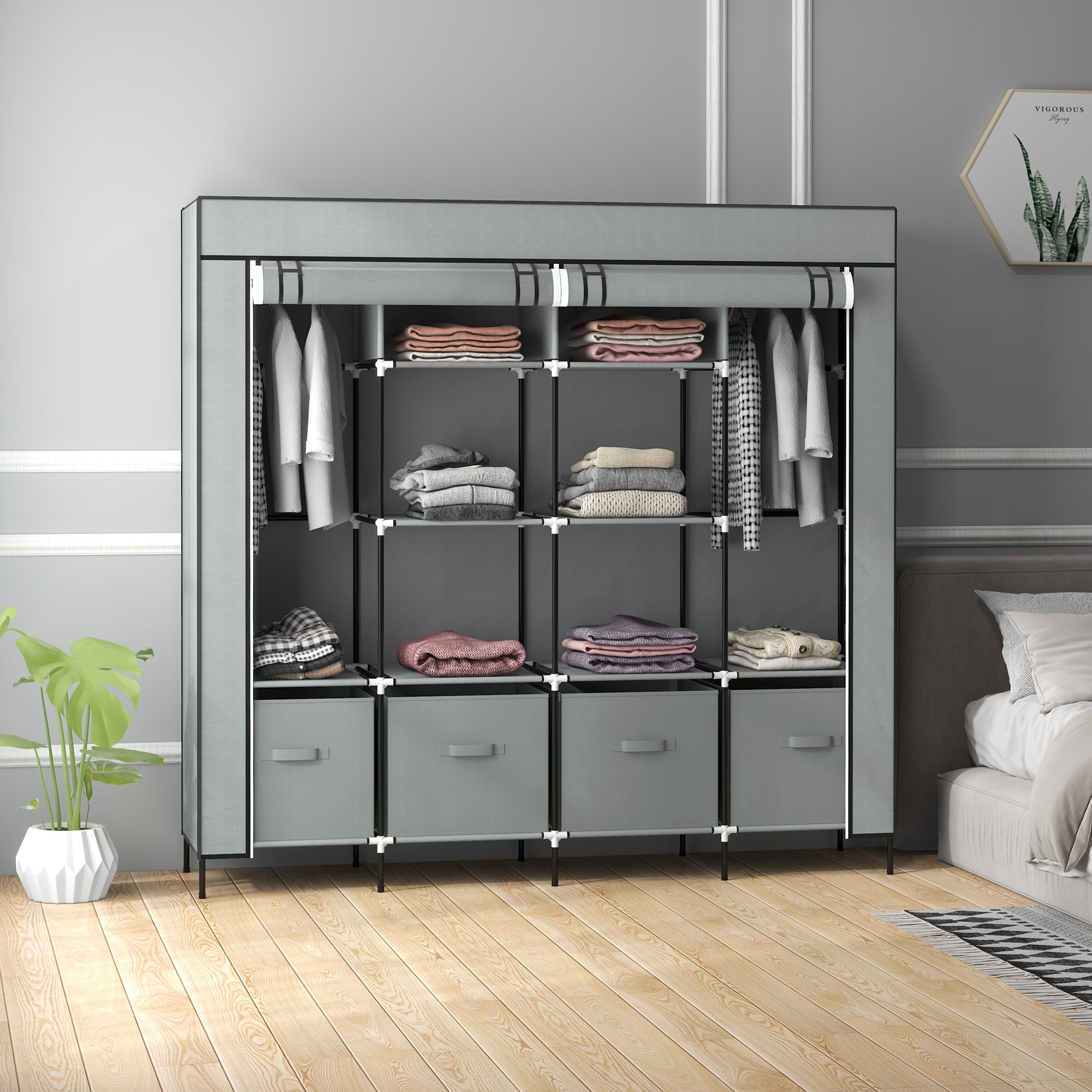Dark grey homcom fabric wardrobe with black metal frame ten compartments and fabric drawers made of non woven fabric