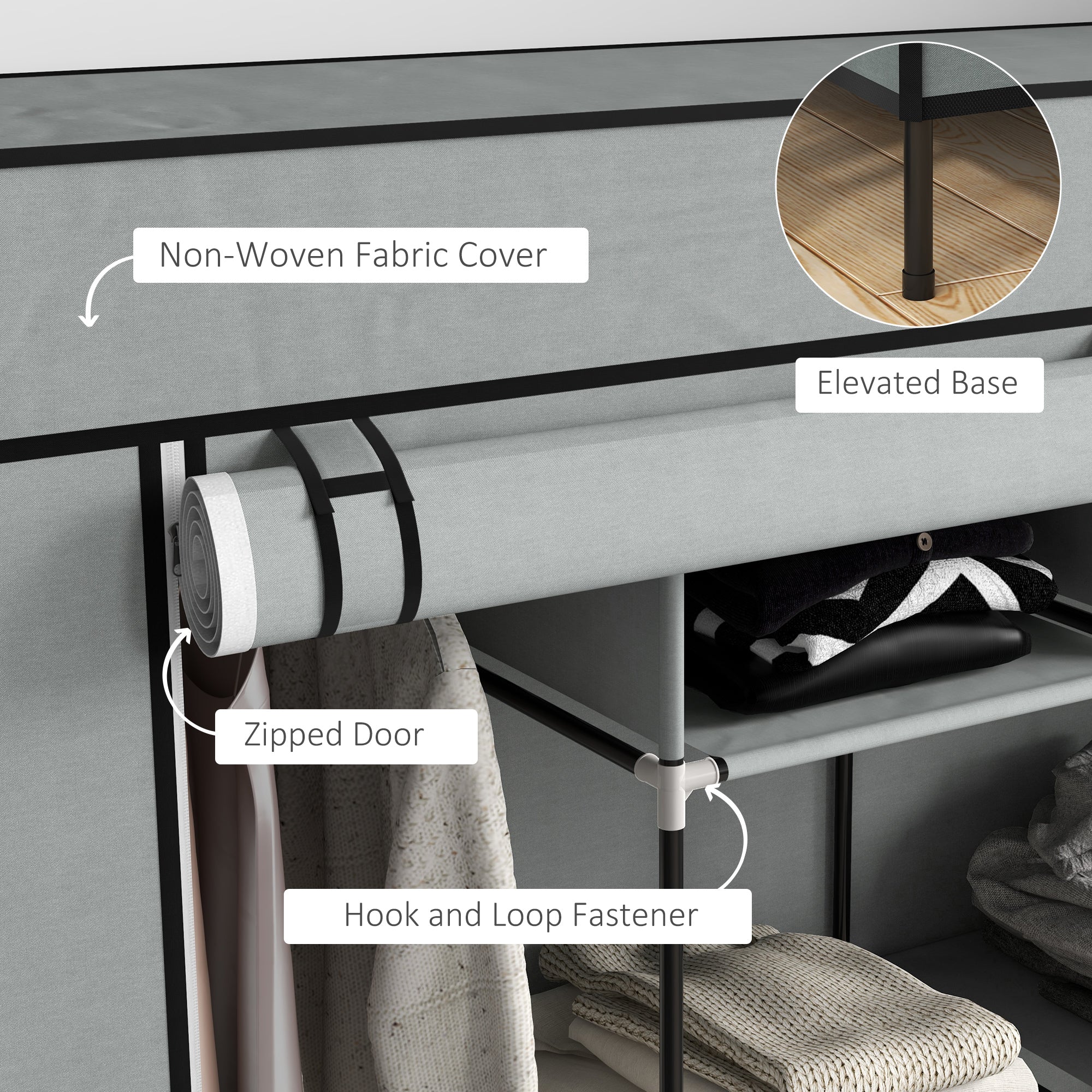 Homcom fabric wardrobe in dark grey with non-woven fabric, ten compartments, fabric drawers, and black metal frame