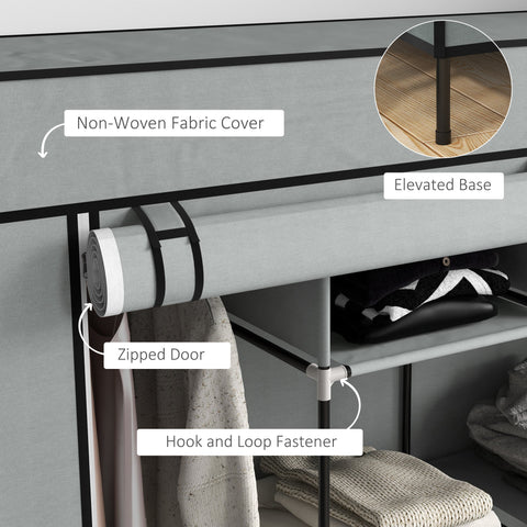 Homcom fabric wardrobe in dark grey with non-woven fabric, ten compartments, fabric drawers, and black metal frame