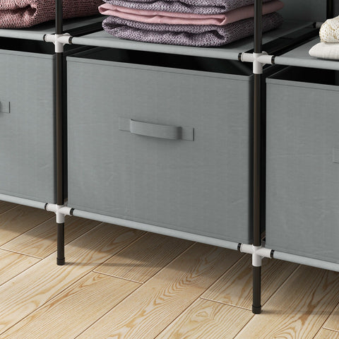Gray fabric storage bins in homcom fabric wardrobe with ten compartments and fabric drawers in black and white frame