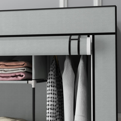 Gray fabric wardrobe with black metal frame and roll-up door featuring ten compartments and fabric drawers made of non-woven fabric