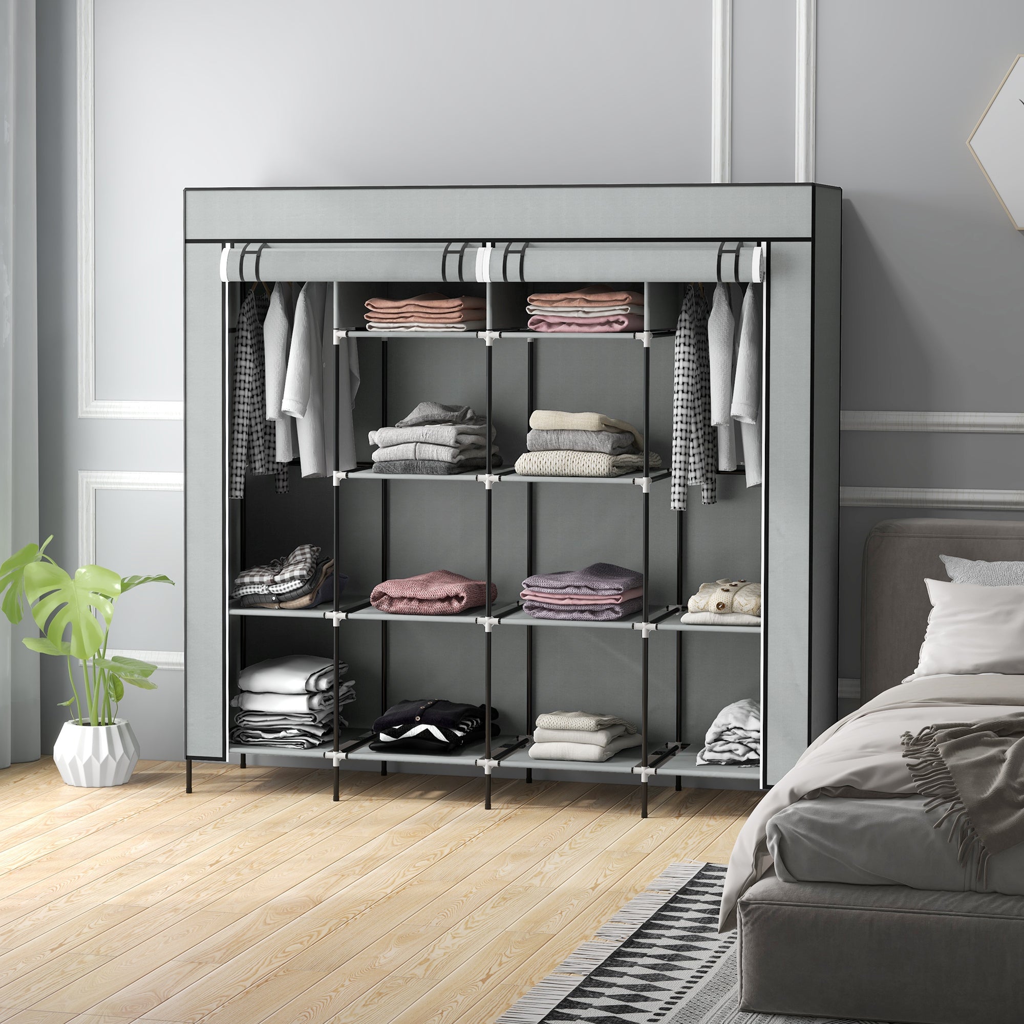 Dark grey homcom fabric wardrobe with black metal frame ten compartments fabric drawers and non-woven fabric shelves