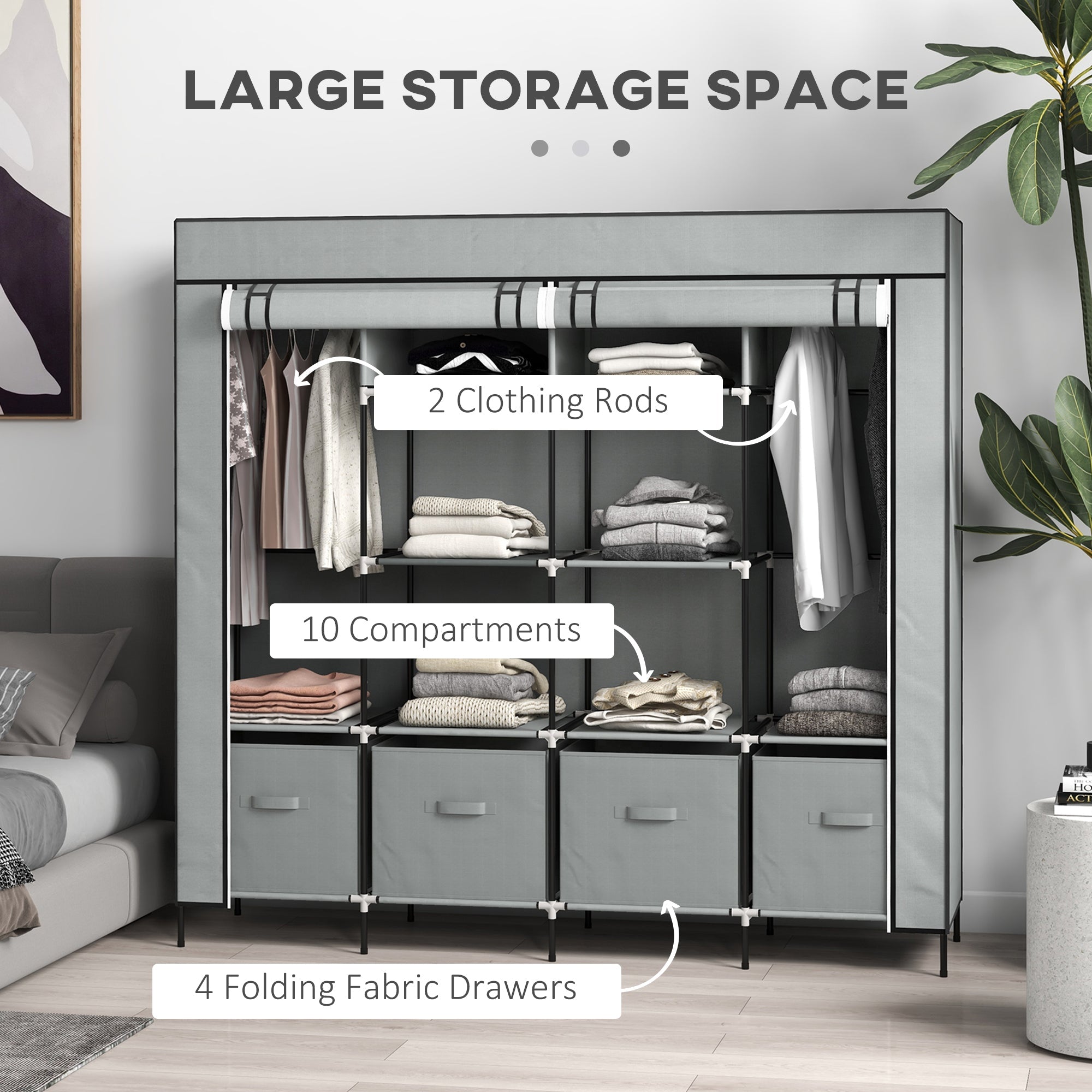 Dark grey homcom fabric wardrobe with ten compartments two hanging rails and four fabric drawers made of non-woven fabric