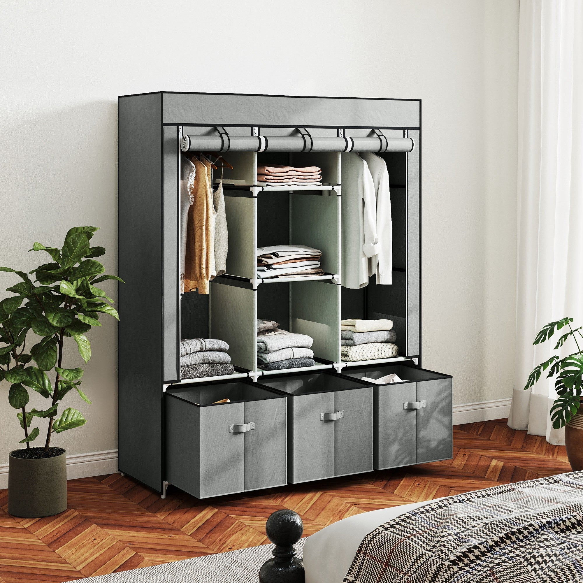 Gray homcom fabric wardrobe with metal frame hanging rod and three fabric drawers for bedroom storage