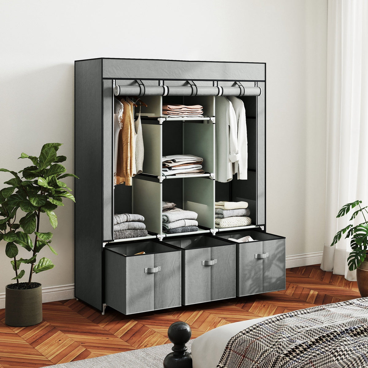Gray homcom fabric wardrobe with metal frame hanging rod and three fabric drawers for bedroom storage