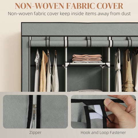 Gray homcom fabric wardrobe with hanging rod metal frame adjustable shelves and fabric drawers for bedroom storage