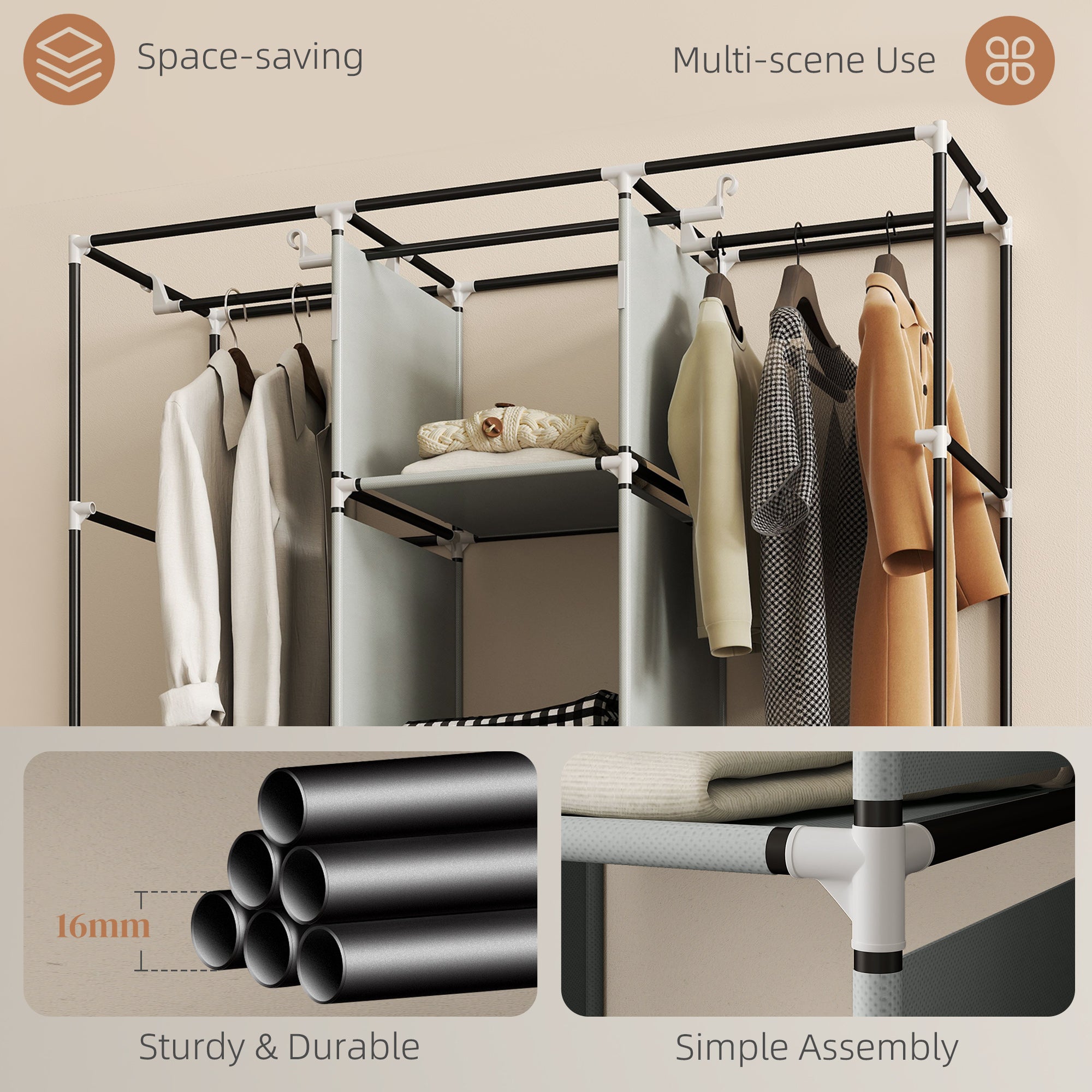Black and white metal frame homcom fabric wardrobe with adjustable shelves and hanging rods in light grey fabric wardrobe